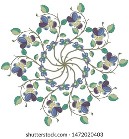 Isolated vector illustration. Round floral decor or mandala with branches of pansy flowers. Viola tricolor.