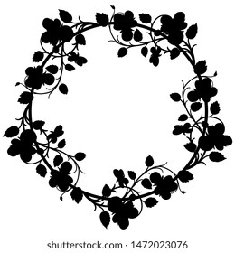 Isolated vector illustration. Round floral decor or frame with branches of pansy flowers. Wreath of viola tricolor. Black silhouette on white background.
