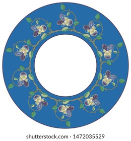 Isolated vector illustration. Round floral decor, frame or texture with branches of pansy flowers. Wreath of viola tricolor in a ring.