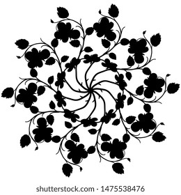 Isolated vector illustration. Round floral decor or mandala with branches of pansy flowers. Black silhouette on white background.