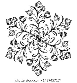 Isolated vector illustration. Round floral decor. Hand drawn linear sketch. Black and white silhouette. Star of leaf branches.