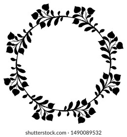 Isolated vector illustration. Round floral decor or frame. Wreath of blooming branches. Black silhouette on white background.