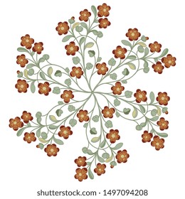 Isolated vector illustration. Round floral decor with flower branches. Folk style.