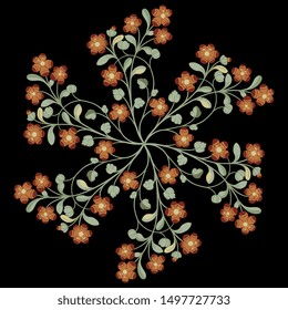 Isolated vector illustration. Round floral decor with flower branches. Folk style. On black background.