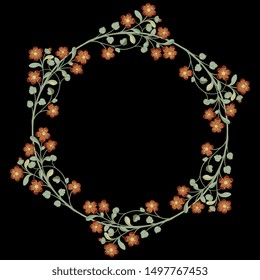 
Isolated vector illustration. Round floral frame. Vintage style. On black background.