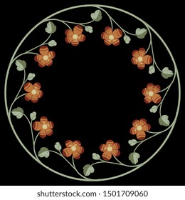 Isolated vector illustration. Round floral decor or frame. Wreath of stylized flowers. Folk style. On black background.