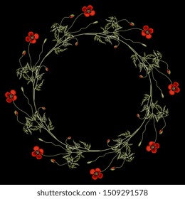 Isolated vector illustration. Round floral decor or frame. Wreath of poppy flowers. 