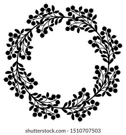 Isolated vector illustration. Round floral decor or frame with stylized branches with leaves and berries. Black silhouette on white background.