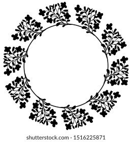 Isolated vector illustration. Round floral decor or frame. Wreath of stylized flower branches. Folk style. Black silhouette on white background.