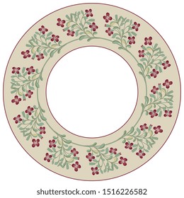 Isolated vector illustration. Round floral decor, frame or texture. Wreath of stylized flower branches in a ring. Folk style.