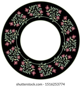 Isolated vector illustration. Round floral decor or frame. Wreath of stylized flower branches. Folk style.