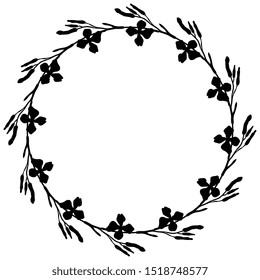 Isolated vector illustration. Round floral decor or frame. Wreath of wild flowers. Gillyflower or carnation. Matthiola bicornis. Clove blossom. Black silhouette on white background.