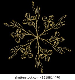 Isolated vector illustration. Round floral decor. Star made of wild flower branches. Gillyflower or carnation. Matthiola or clove. Hand drawn sketch. Gold silhouette on black.