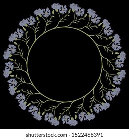 Isolated vector illustration. Round floral decor or frame with branches of cornflower. On black background.