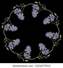 Isolated vector illustration. Round floral decor or frame with branches of cornflower. On black background.