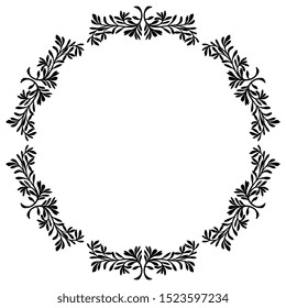 Isolated vector illustration. Round floral decor or frame. Wreath of stylized branches with leaves. Vintage style. Black silhouette on white background.