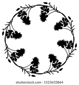 Isolated vector illustration. Round floral decor or frame with branches of cornflower. Black silhouette on white background.