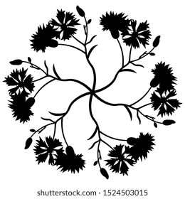 Isolated vector illustration. Round floral decor. Star made of cornflower branches. Black and white linear silhouette.