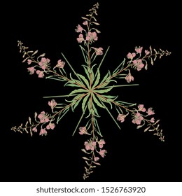 Isolated vector illustration. Round floral decor. Star made of six branches of firewood plant. Ivan Chai. On black background.
