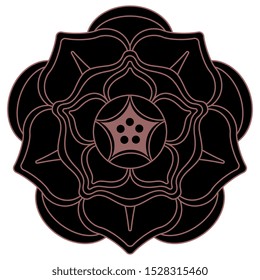 Isolated vector illustration. Round floral decor. Stylized rose blossom. Geometrical mandala. Monochrome silhouette.