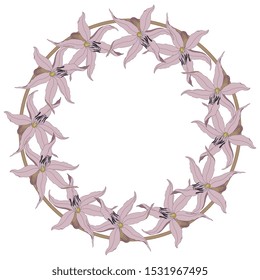 Isolated vector illustration. Round floral decor or frame. Wreath of wild lilies. Erythronium hendersonii.
