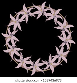 Isolated vector illustration. Round floral decor, frame or texture. Wreath of wild lilies. On black background.