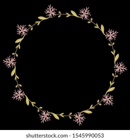 Isolated vector illustration. Round floral decor or frame. Wreath of Ragged Robin flower branches. (Lychnis flos-cuculi). On black background.