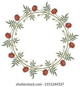 Isolated vector illustration. Round floral decor or frame with branches of marigold flower. (Tagétes).