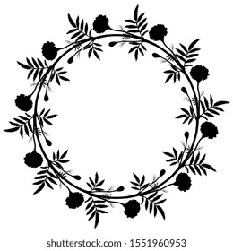 Isolated vector illustration. Round floral decor or frame with branches of marigold flower. (Tagétes). Black silhouette on white background.