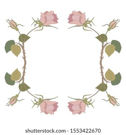 Isolated vector illustration.  Round floral decor or frame with rose branches. Vintage style.