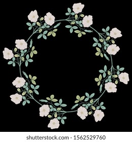 Isolated vector illustration. Round floral decor, frame or texture with branches of wild rose.