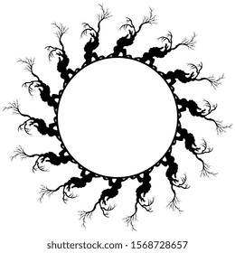 Isolated vector illustration. Round floral decor or frame with bare deciduous trees or branches. Black silhouette on white background.