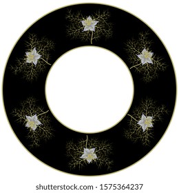 Isolated vector illustration. Round floral decor, frame or texture with branches of Nigella Sativa flower. Black seed or black caraway plant.