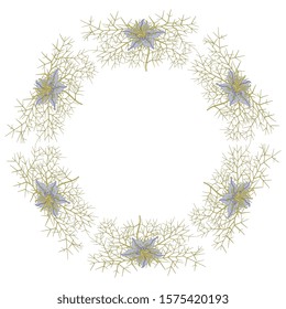 Isolated vector illustration. Round floral decor or frame with branches of Nigella Sativa flower. Black seed or black caraway plant.