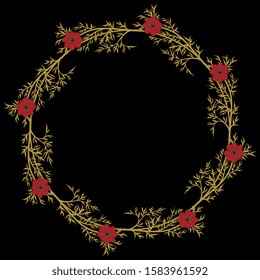 Isolated vector illustration. Round floral decor, frame or texture. Wreath of Adonis flower branches. On black background.