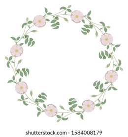 Isolated vector illustration. Round floral decor or frame. Wreath of wild rose branches. Vintage style.