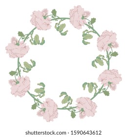 Isolated vector illustration. Round floral decor or frame with branches of roses. Vintage style.