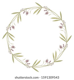 Isolated vector illustration. Round floral decor or frame with branches of wild pink flower. Fireweed or Blooming Sally. Ivan Chai.