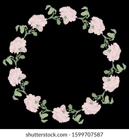 Isolated vector illustration. Round floral decor or frame with branches of roses. Vintage style.