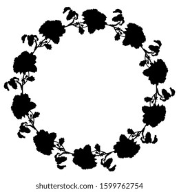Isolated vector illustration. Round floral decor or frame with branches of roses. Vintage style. Black silhouette on white background.