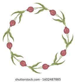 
Isolated vector illustration. Round floral decor or frame. Wreath of stylized tulip flowers.
