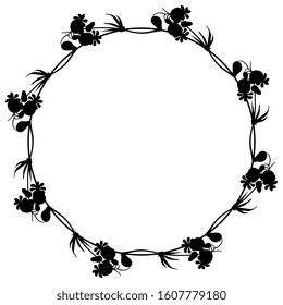 Isolated vector illustration. Round floral decor or frame with branches of white campion flower. Silene latifolia. Black silhouette on white background.