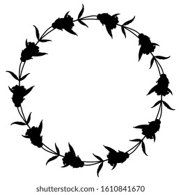 Isolated vector illustration. Round floral decor or frame. Wreath of bell flowers. Campana Lilac Campanula. Black silhouette on white background.