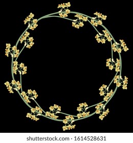 Isolated vector illustration. Round floral decor, frame or texture. Wreath of yellow narcissus or daffodil flower branches. On black background.