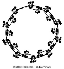 Isolated vector illustration. Round floral decor or frame. Wreath of narcissus or daffodil flowers. Black silhouette on white background.