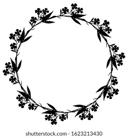 Isolated vector illustration. Round floral decor or frame. Wreath of white flowers. Hesperis Alba flower. Dame's Rocket. Sweet Rocket. Black silhouette on white background.