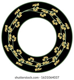 Isolated vector illustration. Round floral decor, frame or texture with wreath of yellow narcissus or daffodil flower.