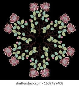Isolated vector illustration. Round floral decor or mandala with branches of wild flowers. Geranium or Pelargonium blossom. Cranesbill plant. On black background.