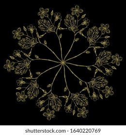 Isolated vector illustration. Round floral decor with branches of geranium flower. Botanical mandala. Hand drawn sketches. Gold silhouette on 
black background.