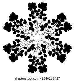 Isolated vector illustration. Round floral decor with branches of stylized flowers. Black silhouette on white background.